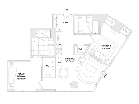 Floor plan for 2 beds, 2 baths, 964 sqft